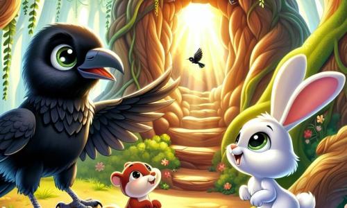 Un corb pe nume Cucu, cu un penaj negru strălucitor și ochi strălucitori de curiozitate, stă în fața unei peșteri misterioase, cu aripile ușor desfăcute, exprimând entuziasm și uimire. Lângă el, un iepuraș alb pe nume Riri, cu urechi mari și o privire atentă, observă scena cu un aer admirativ, în timp ce o veveriță roșie pe nume Niki, cu o coadă pufoasă și picioare agile, se cațără pe o ramură apropiată, pregătită să asculte aventura. Decorul este o pădure fermecată, cu copaci măreți, liane verzi care cad în cascadă și flori strălucitoare de culori vii care acoperă solul. Lumina soarelui filtrează prin frunziș, creând jocuri de umbre și lumini care adaugă o notă magică atmosferei. Situația principală arată cum Cucu, Riri și Niki se pregătesc să intre în peșteră, unde o strălucire aurie scintilează în interior, simbolizând promisiunea unei aventuri și a unei descoperiri prețioase.
