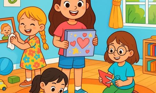 Hay 4 niños: - Lucía: una niña de 8 años, con cabello largo castaño y ojos brillantes. Lleva una camiseta rosa y un short de mezclilla. Está de pie en el centro, sosteniendo un álbum decorado con corazones y estrellas. - Martina: una niña de 7 años, con trenzas rubias y una sonrisa radiante. Lleva un vestido de flores coloridas. Está a la izquierda de Lucía, limpiando un marco de foto con un paño. - Valentina: una niña de 8 años, con cabello castaño y gafas redondas. Lleva una camiseta azul y pantalones verdes. Está a la derecha de Lucía, recortando cartulina para el regalo. - Ana: una niña de 7 años, con cabello negro y dos coletas. Lleva un suéter amarillo y leggings negros. Está sentada en el suelo, concentrada en reparar una foto antigua con pegamento. La escena principal ocurre en una habitación infantil luminosa y acogedora, con paredes pintadas de azul claro y dibujos coloridos. Una gran ventana deja entrar la luz del sol, iluminando el suelo de madera. En el centro, una alfombra suave está rodeada de juguetes esparcidos y una estantería llena de libros. La situación muestra a los cuatro niños preparando un regalo sorpresa para el padre de Lucía, riendo y ayudándose mutuamente, rodeados de materiales de arte: tijeras, pegamento y papeles de colores. Lucía, con una gran sonrisa, presenta orgullosamente el álbum lleno de recuerdos y dibujos, mientras sus amigas la animan con entusiasmo.
