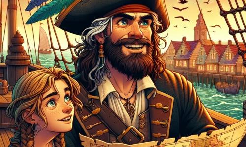 Een man, kapitein Bram, staat op het dek van zijn schip, de Stormvogel. Hij heeft een warrige bruine baard en draagt een piratenhoed versierd met gekleurde veren. Zijn gezicht straalt opwinding en avontuur uit, met nieuwsgierige ogen. Hij houdt een oude kaart in zijn handen en speurt de horizon af. Naast hem staat Lieve Lina, een 12-jarig meisje en zijn eerste matroos. Ze heeft lange, gevlochten blonde haren en draagt een versleten leren vest. Ze kijkt met een enthousiaste glimlach naar de kaart, klaar voor avontuur. De achtergrond toont een prachtige haven bij zonsondergang, met witte zeilen die in de wind wapperen en kleurrijke houten huizen aan de kust. Meeuwen vliegen boven hen, wat leven toevoegt aan de sfeer. De hoofdscène laat Bram en Lina zien die hun reis naar het mysterieuze ‘Hart de la Zee’ plannen, omringd door schatkisten en touwen, terwijl dreigende schaduwen op de achtergrond suggereren dat vijanden hen in de gaten houden.