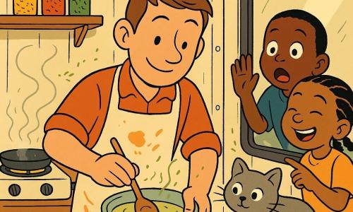 Mateo, hombre sonriente y concentrado de pelo corto y delantal con manchas naranjas, prepara una cremosa salsa verde en un bol en el centro de una pequeña cocina, removiendo con manos rápidas y precisas; el gato gris Nube está sobre una caja junto a la encimera observando la cuchara; un niño de unos 7 años mira sorprendido por la ventana con la nariz pegada al cristal y una niña de unos 6, con trenzas, ríe y señala la salsa; el contenedor-cocina es cálido, con paredes metálicas crema, estantes con frascos de especias, una placa eléctrica humeante y guirnaldas de luces amarillas; la escena es íntima, colorida y llena de aromas, con vapor ligero y hojas de cilantro.