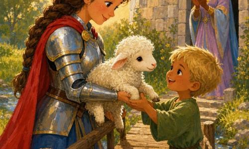 A smiling, benevolent female knight with braided brown hair, light blue-and-gold armor and a red cape gently offers a small fluffy white lamb to a joyful five-year-old blond boy in a simple green tunic on a narrow wooden bridge over a sparkling stream; the lamb nuzzles the knight, a mature queen in a pastel dress stands in the distance near a small castle door applauding softly, grassy banks with yellow wildflowers and wet pebbles, late-afternoon golden light, tender reassuring mood, centered composition, warm colors and visible acrylic textures.