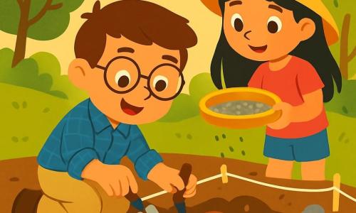 A young archaeologist, Leo, is crouched on brown earth, with a look of wonder on his face. He has brown hair, round glasses, and wears a blue checkered shirt and beige pants. He is gently holding a small brush and a trowel, uncovering an ancient object buried in the ground. Next to him, Maya, a 10-year-old girl with long black hair wearing a sun hat, is holding a sieve, curiously observing the small bouncing seeds. She stands slightly back but leans in to see what Leo has found. The scene takes place on a green hill, bathed in golden sunlight, surrounded by leafy trees. The ground is dotted with small stones and roots, and white strings outline excavation squares. The main focus shows Leo carefully uncovering a fragile piece of pottery surrounded by dirt, while Maya encourages him with a smile. The atmosphere is calm and joyful, filled with excitement for the treasures of the past.