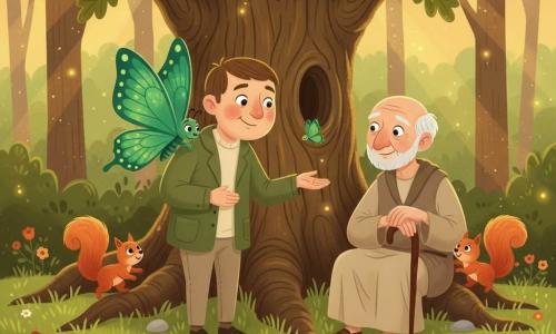 Andrei, bărbat cu faţă rotundă, ochi strălucitori şi păr scurt castaniu, zâmbind uşor şi întinzând mâna spre un fluture verde-smarald aşezat pe umărul drept, iar lângă ei, un bătrân în robă maroniu deschis, cu faţa ridată şi păr alb, şezând sprijinit de un stejar mare şi privind binevoitor, două veveriţe roşcate jucându-se pe rădăcini; scena are loc într-o poiană de pădure la amurg, iarbă moale, flori multicolore şi licurici, atmosferă caldă şi magică, paletă de culori verzi, aurii şi brune.