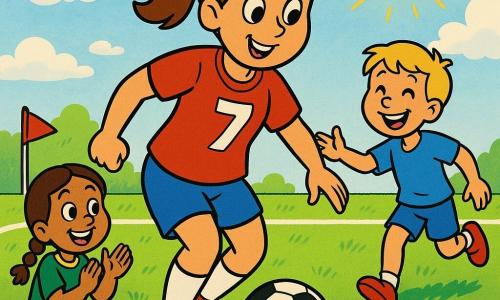 A smiling young woman (about 20–25) with brown hair in a ponytail, round face and bright eyes, wearing a red short-sleeve jersey with a large white number, dribbles a black-and-white soccer ball on vivid green grass in a dynamic, gentle pose; to her right a laughing blond boy (about 8) in blue shorts runs and reaches for a pass, and to the left a 7-year-old girl with braids in a green jersey sits on the grass clapping with a wide smile; the pitch has crisp white lines and small red corner flags, a light blue sky with fluffy clouds and warm sun in the background, capturing a cheerful, fair-play team moment in bright, high-contrast colors with thick black outlines, simple smooth textures, and a soft, welcoming atmosphere suitable for young children.