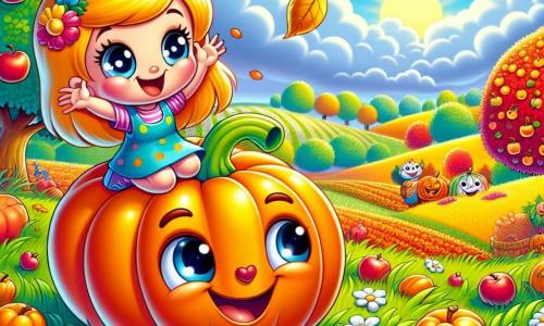 Ein kleiner und fröhlicher Kürbis namens Pipo, mit einem lächelnden Gesicht, großen runden Augen und einer leuchtend orangefarbenen Haut, rollt fröhlich über das grüne Gras, umgeben von bunten Herbstblättern. Neben ihm springt eine kleine Kürbisdame namens Lina, mit gelben Flecken und einem strahlenden Lächeln, voller Begeisterung in die Luft. Im Hintergrund ist eine weite Herbstwiese mit Apfelbäumen, die mit roten Früchten beladen sind, und Nester aus goldenen Blättern, unter einem hellblauen Himmel mit weißen, bauschigen Wolken. Die Szene zeigt den Moment, in dem Pipo und Lina voller Aufregung und Kameradschaft dabei sind, die Früchte für das große Erntedankfest zu sammeln.