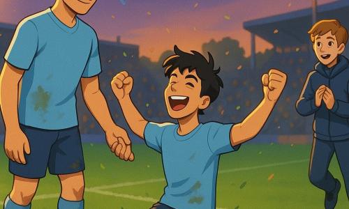 Milo (about 26) calm face and restrained smile, standing tall with short brown hair and a slightly muddy sky-blue jersey, reaching a hand to help Rafi up at the center of the pitch after a winning goal; Rafi (about 22) jubilant and exuberant, messy black hair, sky-blue jersey, rising from a knee with arms raised and grass splatters on his thighs; Eli (about 18) shy substitute turned happy, chestnut hair, training jacket, clutching a small leaf or tactical card, running toward the group with an admiring look at Milo; Coach Lina (about 40) assured and kind, short haircut, coach jacket, standing near the touchline clapping; illuminated stadium at dusk, wet green pitch with crisp white lines, blurred full stands, yellow and blue floodlights, confetti and grass in the air, warm vibrant atmosphere; main scene: collective celebration after a winning goal showing respect and solidarity, composition centered on Milo offering his hand, dynamic frozen movement, saturated colors, soft shadows, 3D cartoon cel-shaded render, slight high-angle capturing the group and stands.
