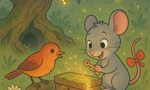 A small anthropomorphic gray mouse with bright round eyes and pink ears smiles bravely while holding a tiny key; it has a red ribbon tied to its tail and crouches before a moss-covered wooden box. An orange-red tit perches on a nearby root, curious and cheerful, tilting its head and pointing at the box. Golden fireflies drift around, casting a soft glow on the mouse’s face and the box’s carvings. The scene is set in a meadow beneath a large willow with twisted, mossy roots, tall grass and wildflowers, a dark tunnel between the roots in the background; the key has just been inserted and the box is opening slowly, releasing sparks and small shining objects, capturing joy, wonder and companionship.
