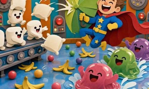A joyful, round-faced superhero with squinting laughing eyes, wearing a bright blue costume with yellow stars and a red swirling cape, leaps with bent legs and tousled brown hair while holding an apple-green umbrella-shield to deflect flying pillows launched by chubby white marshmallow creatures from a small conveyor; translucent colorful jelly blobs slide and giggle to the right, the shiny floor is slippery with banana peels and bouncy rubber balls, and the scene takes place in the Silly Training Room with orange-and-turquoise striped walls, string lights, round mechanical panels and flashing red buttons.
