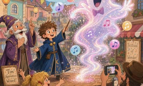 Tim, 9-jarige leerling-tovenaar met rond gezicht en sproeten, warrig bruin haar en fonkelende ogen, draagt een klein blauw tovenaarskleed met gouden knopen en houdt een fonkelende houten staf waarmee hij een grote wolk van zilveren en roze glitters dirigeert die zingt en danst en kleurrijke muzikale noten uitblaast; meester Glimlach, ongeveer 60, gerimpeld maar glimlachend met lange witte snor en paarse mantel, staat links klappend en bewonderend, een dorpsmeisje van circa 7 met blonde dotjes en een rood gestippelde jurk springt op de eerste rij van blijdschap, een volwassen man van ongeveer 35 met korte baard en vilten hoed filmt achteraan met een klein apparaat; alles gebeurt op een houten podium op een kleurrijk dorpsplein met vlaggetjes, hangende lantaarns en pastelkleurige huisgevels, in zacht namiddaglicht, pastelkleuren, zichtbare stoftexturen, fonkelende glitters en overdreven vrolijke gezichtsuitdrukkingen.