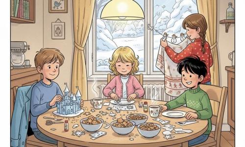 Quattro bambini in una cucina accogliente decorano una tavola di legno per un pranzo invernale: Luca, circa 9 anni, capelli castani corti, giubbotto azzurro sulla sedia, sorride timidamente mentre incolla paillettes su una piccola scena di carta a sinistra; Sofia, circa 9 anni, capelli castani in treccia, maglione rosso a pois bianchi, regge una tovaglia decorata e sistema una ghirlanda di carta in fondo a destra vicino alla finestra; Marco, circa 8 anni, capelli neri scompigliati, maglione verde, sistema piatti e posate ridendo a destra del tavolo; Giulia, circa 8 anni, capelli biondi ricci, gilet rosa, incolla fiocchi di carta e versa paillettes argentate seduta di fronte a Luca; attraverso una grande finestra gelata si vede un giardino innevato, tazze di cioccolata fumante e ciotole di biscotti sulla tavola illuminate da una luce calda, mentre decorazioni in carta e cartoncini colorati sono sparsi intorno.
