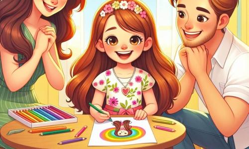 Uma menina de 8 anos, Sofia, com longos cabelos castanhos e olhos brilhantes, está no centro do palco, com um grande sorriso no rosto, segurando um desenho colorido que representa sua família feliz. Ela usa um vestido florido e sandálias, radiante de emoção e alegria. À sua esquerda, sua mãe, uma mulher de cerca de 30 anos, com cabelos castanhos e olhos suaves, se inclina em direção a Sofia, admirando o desenho com um olhar ternura, com os braços cruzados sobre o peito. À direita, seu pai, um homem de cerca de 32 anos, com uma barba leve e óculos, sorri calorosamente, agachando-se para ficar na altura da filha, com as mãos sobre os joelhos. A cena ocorre em uma cozinha iluminada, com paredes pintadas de amarelo pastel, uma grande janela deixando entrar a luz do sol, e uma mesa de madeira onde estão dispostos lápis de cor e folhas de papel. A situação principal mostra Sofia compartilhando seu desenho com os pais, criando um momento de conexão e amor familiar, onde ela expressa seus sentimentos e mostra o quanto a felicidade deles juntos é importante para ela.