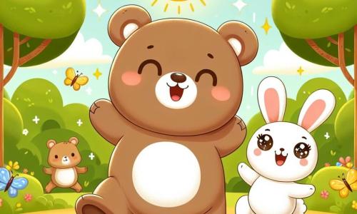 An illustration depicts a teddy bear and a boy with bright eyes and soft brown fur joyfully dancing in the center of a forest scene. He has a big smile on his face, showing his confidence and happiness. Next to him is a small bunny with large ears and white fur, hopping enthusiastically. She has sparkling eyes and a radiant smile, expressing her newfound self-confidence. In the background, the scene takes place in a sunny clearing surrounded by majestic trees with vibrant green leaves. Colorful flowers dot the ground, adding a touch of magic to the environment. The main situation shows the bear and the bunny performing in a talent show, with animal friends applauding and cheering around them. Additional graphic elements include butterflies fluttering around, birds singing in the trees, and flower garlands hanging, creating a festive and joyful atmosphere.