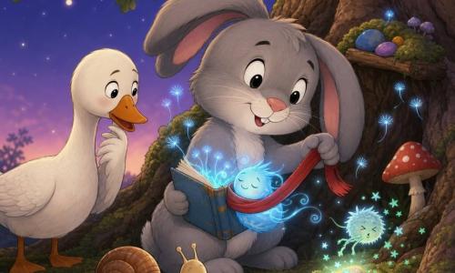 Main character: a soft gray rabbit with droopy ears and a twitching nose, joyful proud face, holding a tiny dusty pale-blue book that emits small blue sparks while wrapping a thin red ribbon-scarf around them; secondary characters: a plump white goose to the left with smooth feathers and a curious half-open beak nodding as if asking if all is well, and a tiny brown snail on the mossy foreground with a shiny shell leaving a sparkling trail; other animated detail: pale blue dandelion-like sparks drift from the book, some sneeze and send mint-green star confetti landing on a glowing pebble; setting: beneath a twisted oak with moss-covered roots, a small moss shelf with colorful stones and a red polka-dot mushroom, twilight sky with pale stars, warm felted pastel atmosphere; main situation: the rabbit tucks a smiling little spell to sleep, which drifts into blue swirls in a tender, humorous scene with soft lighting and plush textures.