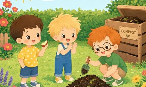 Drie kinderen in een zonnig tuinhoekje vormen een cirkeltje rond een klein donkerbruin composthoopje: Sam (6) links met kort bruin haar en geel shirt met witte stippen houdt een stukje appel en lacht, Tijn (5) in het midden met warrig blond haar en een blauwe tuinbroek klapt van vreugde en Loek (7) rechts met rood haar en ronde bril en een groen shirt hurkt iets en toont met een mini-schepje het composthoopje; groene grasmat, lage haag, lichtbruin houten compostbakje, wat rode, gele en paarse bloemen en een bleekblauwe lucht met een glimlachende zon, losse bladeren en appelstukjes op het hoopje, vrolijke nieuwsgierige gezichten, warme sfeer, zachte kleuren en eenvoudige kawaii-stijl.