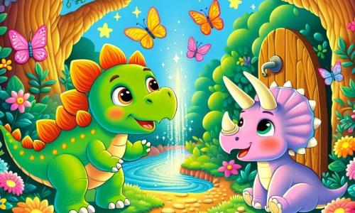 Un pequeño estegosaurio llamado Tito, con un cuerpo verde y espinas naranjas en la espalda, expresa gran curiosidad y asombro al descubrir una puerta secreta detrás de un gran árbol. A su lado está Lila, un triceratops con tres cuernos, con piel rosa y ojos brillantes, que sonríe alegremente e invita a Tito a entrar en el jardín mágico. El lugar es un jardín encantado, lleno de flores luminosas de colores vivos, mariposas multicolores que vuelan alrededor y un pequeño arroyo brillante que canta suavemente. La escena principal muestra a Tito y Lila, mano a pata, listos para explorar juntos este mundo maravilloso, rodeados de magia y alegría.