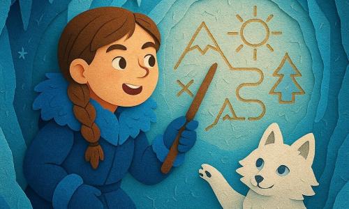 Elena, exploradora mujer, rostro decidido y sonriente, cabello castaño trenzado, abrigo de piel azul oscuro, guantes, sostiene un bastón de madera y señala un antiguo mapa grabado en la pared de hielo; a su lado un zorro ártico blanco de pelaje esponjoso y ojos gris azulado, con una pata levantada como indicando el camino; la cueva de hielo, iluminada por un halo azul translúcido con paredes estriadas de cristales, estalactitas brillantes, reflejos turquesa y pequeñas fisuras plateadas; en la pared central un gran mapa grabado con líneas doradas y azules que muestra un meandro sinuoso y símbolos en relieve de aspecto antiguo y mágico; escena principal: descubrimiento maravillado en el corazón de la cueva, luz fría y contrastes marcados, texturas de papel recortado visibles, sombras suaves y colores vivos.
