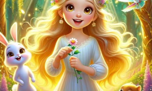 La Bella Durmiente, una joven de unos 15 años, es representada con una piel suave como la seda y un cabello dorado brillante, flotando a su alrededor como rayos de sol. Tiene una mirada decidida y alegre, sosteniendo una pequeña flor en su mano, rodeada de un jardín mágico en plena floración. A su lado, Timo, un pequeño conejo de grandes orejas y pelaje blanco, salta alegremente, con ojos llenos de curiosidad. Lila, un pájaro de plumas coloridas, se posa en el hombro de Aurora, cantando una melodía dulce y pegajosa. El lugar es un jardín encantado, lleno de flores de colores vibrantes, grandes árboles con hojas verdes brillantes y una luz dorada filtrándose a través de las ramas, creando una atmósfera mágica y serena. La situación principal muestra a Aurora, Timo y Lila unidos, tomándose de las manos y a punto de enfrentar la maldición de la malvada hada, con un aura de coraje y determinación que ilumina el jardín a su alrededor.