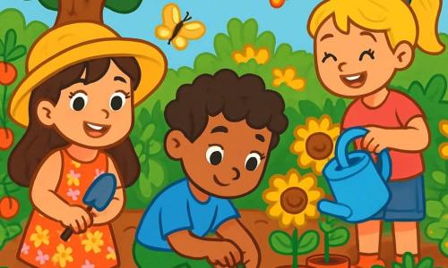 Hay 3 personajes: - Sofía: una niña de 6 años con largos cabellos castaños y ojos brillantes. Lleva un bonito vestido de flores y un sombrero de paja. Sonríe mientras sostiene una pequeña pala en sus manos. - Pablo: un niño de 6 años con cabello negro y rizado. Lleva una camiseta azul y un short verde. Está agachado, plantando una semilla en una pequeña maceta de tierra. - Lucía: una niña de 6 años con cabello rubio y una coleta. Lleva una camiseta rosa y un short de mezclilla. Riega las plantas con una regadera, de pie junto a Sofía. El lugar es un jardín comunitario vibrante y colorido, lleno de hileras de tomates rojos, calabacines verdes y flores amarillas brillantes. Mariposas vuelan alrededor de las plantas, y un gran árbol ofrece un rincón fresco. El suelo está cubierto de tierra marrón y los niños están rodeados de macetas y vegetación exuberante. La situación principal muestra a los tres amigos plantando semillas de girasol en macetas, riendo y divirtiéndose juntos bajo el sol de verano, creando una atmósfera alegre y amistosa.