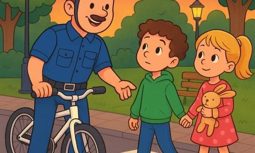 Un poliziotto sorridente e gentile sulla trentina, volto rotondo, pelle chiara, baffo sottile, uniforme blu vivace e casco da bici rosso lucido, che tiene il manubrio di una bicicletta bianca e indica delle strisce dipinte a terra; un ragazzo di circa 8 anni, capelli ricci castani, felpa verde, tiene la mano di un altro bambino e guarda il poliziotto, a destra della bici; una bambina di circa 7 anni, capelli biondi a coppie, vestito rosa a pois, stringe il suo pupazzo e segue la fila a sinistra del poliziotto; parco di una piccola città al crepuscolo: viale lastricato, lampioni gialli soffusi, alberi con foglie verdi, prato rasato e una panchina di legno dietro il gruppo; scena: esercizio di sicurezza, i bambini attraversano su false strisce bianche dipinte mentre il poliziotto li guida con gesti chiari e rassicuranti; colori caldi del tardo pomeriggio, linee nette ed espressioni dolci, estetica semplice e leggibile per i bambini.