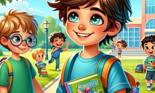 Un băiat de 12 ani, pe nume Andrei, stă în centrul imaginii, cu un zâmbet strălucitor și ochi plini de entuziasm. Are părul castaniu ușor ondulat, o cămașă albastră și un rucsac colorat plin cu rechizite. Andrei se uită în jur cu curiozitate, pregătit să descopere noua sa clasă. În dreapta sa, cel mai bun prieten Mihai, tot de 12 ani, are părul brunet și poartă un tricou verde aprins. Râde vesel, ținând un mingea de fotbal sub braț, gata să joace după ore. În stânga, Alex, un coleg nou de 11 ani, poartă ochelari rotunzi și are părul negru dezordonat. Ține în mână o carte despre robotică, având un aer puțin timid, dar entuziast, observându-i pe Andrei și Mihai cu un zâmbet timid. Scena se desfășoară în curtea unei școli primare însorite, înconjurată de copaci verzi și flori colorate. Copiii se joacă în depărtare, în timp ce un mare clădire școlară se înalță în fundal, cu feronerie luminoasă și o ușă de intrare primitoare. Situația principală arată cum Andrei, Mihai și Alex discută vesel, împărtășind așteptările lor pentru noul an școlar, înconjurați de o atmosferă festivă și prietenoasă care evocă începutul unei frumoase aventuri.