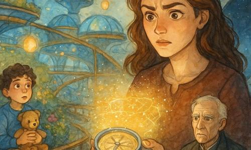 Liora, donna adulta, guarda una bussola luminosa con meraviglia e determinazione mentre ne tiene una versione argentata che proietta una mappa di polvere brillante e rune; alla sua destra, leggermente in disparte, il Maestro Ravel, uomo anziano (~70 anni) dal volto rugoso e capelli bianchi, la osserva preoccupato stringendo un vecchio taccuino; a sinistra, seduto in un giardino sospeso, un ragazzo di circa 9 anni dai capelli ricci abbraccia una peluche e guarda la scena; lo sfondo è la passerella di una città-nave rotante con cupole di vetro blu, passerelle metalliche ramate e giardini sospesi con fiori fosforescenti e lanterne flottanti, mentre una grande vetrata mostra in lontananza una scia d'ombra nello spazio; situazione principale: Liora attiva la bussola che proietta rune e sentieri luminosi, la luce tenue della mappa contrasta con l'ombra minacciosa esterna, atmosfera magica e urgente.