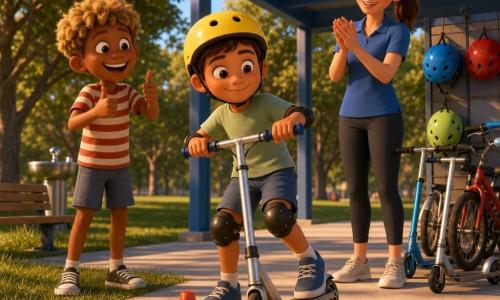 Três personagens: Tomás, menino de 9 anos, rosto redondo, cabelo castanho curto, camiseta verde-claro, short azul, capacete amarelo, segura uma trotinetta prateada e freia diante de um cone laranja no centro; Guilherme, menino de 9 anos, rosto com sardas ao sol, cabelo loiro despenteado, camiseta listrada vermelho e branco, à esquerda de Tomás na relva, sorrindo e fazendo joinha; Sara, mulher cerca de 25 anos, pele clara, cabelo castanho preso em rabo, polo azul de monitora, à direita de Tomás, ligeiramente atrás, aplaudindo com olhar benevolente. Local: sob um toldo largo azul apoiado em postes metálicos, chão de cimento claro, ao lado de uma área com trotinetes e bicicletas alinhadas e capacetes pendurados; ao fundo uma fileira de árvores verdes, um bebedouro metálico brilhante e um banco de madeira. Situação: cena de brincadeira de verão — Tomás aproxima-se devagar de um cone na trotinetta, Guilherme encoraja desde a relva e Sara aplaude na sombra do toldo; luz quente de fim de tarde, sombras longas, cores vivas, atmosfera de orgulho e serenidade.
