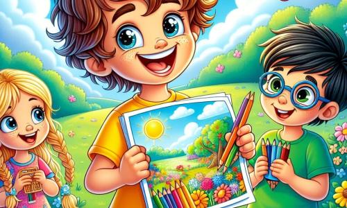 Un niño de 8 años, Lucas, con cabello castaño desordenado y ojos brillantes de alegría, se encuentra en el centro de la imagen, sonriendo mientras sostiene un dibujo colorido de un paisaje primaveral. Lleva una camiseta amarilla y un pantalón corto azul. A su derecha, Ana, una niña de 7 años con largas trenzas rubias y un vestido de flores, admira el dibujo de Lucas. A la izquierda, Tomás, un niño de 8 años con gafas y cabello negro, observa el dibujo mientras come una galleta. La escena tiene lugar en un parque soleado lleno de flores, árboles y un cielo azul con nubes blancas. Lucas, Ana y Tomás disfrutan de un momento alegre, celebrando su creatividad y amistad.