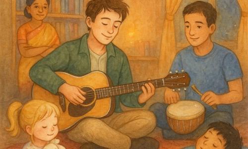 Miles, smiling, calm and focused, fair-skinned with tousled brown hair, in a green wool jacket and beige trousers, sits on a small red rug tuning his acoustic guitar with a black capo while delicate fingers rest on the neck; Jonah, about 25, short-haired in a blue tee, sits to Miles’s right playing a snare softly with a brush; Mrs. Patel, about 55, round-faced in a yellow and coral sari, stands at the back left with arms crossed and a kind smile; a 6-year-old blonde girl in pigtails and polka-dot pajamas sits front on a pink cushion clutching a bunny, eyes half-closed, and a 7-year-old boy with black hair in striped pajamas lies on a blue cushion, hand on his belly, watching the guitar; the light-wood library interior has colorful bookshelves, warm parquet floor, scattered cushions, soft curtains, a large wall clock, low golden lights and small lit fairy lights; the main scene is an intimate, warm evening concert with Miles singing gently and Jonah keeping a muted rhythm as the children slowly fall asleep, rendered in soft watercolor textures with white gel-pen highlights on instruments and the children’s glinting eyes.
