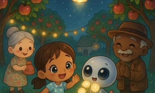 A smiling 10-year-old girl named Mila with slightly moist eyes, brown pigtails and a light blue polka-dot dress waves on tiptoe; the alien Zib, a small round silver body with large shiny eyes and four colorful arms, holds a bouquet of glowing dandelions and floats at her head height; an elderly Mr. Griggs (about 70) with a wrinkled face, gray mustache, brown cap and jacket stands to Mila’s right clapping and smiling; neighbor Mrs. Puddle (about 50) with gray hair in a bun and a floral dress offers Zib a small knitted hat from the background; the scene is a night apple orchard with red apples, yellow lantern garlands, dewy grass and stone cottages, a tender joyful farewell as Zib rises toward a small silver bubble ship glowing in the starry sky while villagers wave and laugh in warm lantern light.
