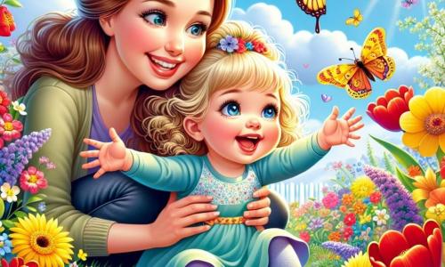 Dwuletnia dziewczynka z dużymi błyszczącymi oczami i kręconymi blond włosami siedzi w kolorowym ogrodzie, otoczona kwiatami w różnych barwach. Uśmiecha się radośnie, z rozłożonymi ramionami, jakby chciała przytulić wiosnę. Jej mama, trzydziestoletnia kobieta z brązowymi włosami związanymi w kok, stoi obok niej, uśmiechnięta i życzliwa, pokazując córce ładnego motyla, który lata wokół nich. Ogród jest pełen wielokolorowych kwiatów, w tym czerwonych tulipanów, żółtych narcyzów i fiołków, pod jasnoniebieskim niebem z białymi, puszystymi chmurami. Słońce świeci, oświetlając scenę ciepłym światłem. Dziewczynka, zachwycona, wyciąga rękę w stronę motyla, a mama zachęca ją czułym spojrzeniem, tworząc atmosferę radości i wiosennego odkrywania.