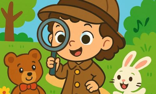 Una niña de 2 años, con grandes ojos curiosos y cabello rizado, lleva un sombrero de detective demasiado grande para ella. Sonríe con emoción, sosteniendo una lupa en su mano. A su lado, un oso de peluche llamado Tomás, con pelaje marrón y un pequeño lazo rojo alrededor del cuello, la mira con ojos brillantes. Un poco más lejos, una conejita llamada Lola, con pelaje blanco y grandes orejas, salta alegremente, lista para explorar. El escenario es un parque soleado, lleno de flores coloridas, árboles verdes y un camino de tierra que serpentea a través de la hierba. Al fondo, un cielo azul claro con algunas nubes blancas. La niña, Tomás y Lola están juntos, intrigados por un misterioso silbido que proviene de un arbusto. Están listos para aventurarse y descubrir de dónde viene ese sonido misterioso.