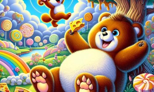 Benny, a large brown bear with soft, tousled fur, is lying on a patch of fluffy grass under a candy-shaped tree, wearing a surprised and joyful expression. He holds a large wheel of cheese in his paws, his eyes shining with excitement. Next to him, Zippy, a small squirrel with sparkling eyes and bright orange fur, jumps for joy, his tiny paws raised in the air, sporting a radiant smile. He dances around Benny, adding a lively touch to the scene. The setting is a whimsical landscape of Fluffington, with marshmallow-shaped hills, chocolate rivers flowing peacefully, and brightly colored singing flowers swaying in the breeze. The main situation shows Benny and Zippy celebrating their victory after retrieving the lost cheese from a magical pizza, surrounded by a joyful and playful atmosphere, ready to enjoy their feast under the sunny sky.