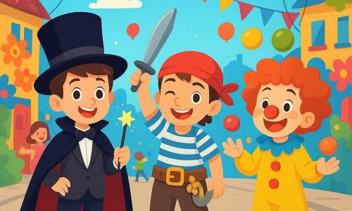 Există 3 personaje: - Alex: un băiat de 8 ani, îmbrăcat în costum de magician cu o mantie neagră mare și un pălărie înaltă în formă de cilindru. Ține o baghetă magică strălucitoare și zâmbește entuziast. - Darius: un băiat de 9 ani, deghizat în pirat cu un bandană roșie, o cămașă în dungi și o curea plină de comori false. Brandizează o sabie din plastic și face cu ochiul. - Vlad: un băiat de 7 ani, îmbrăcat în clown cu un nas roșu aprins, părul în dezordine și pantofi uriași. Jonglează cu bile colorate și râde vesel. Cei trei prieteni sunt în centrul unei străzi aglomerate, înconjurați de decorațiuni de carnaval strălucitoare. Baloane colorate plutesc pe cerul albastru, în timp ce ghirlande de flori din hârtie decorează casele. Departe, o scenă de dans este iluminată de lumini strălucitoare, iar copiii râd și dansează în jurul lor. Situația principală arată cei trei prieteni pregătiți să trăiască o aventură magică la carnaval, fiecare arătându-și costumul și energia, înconjurați de râsete și culori vii.