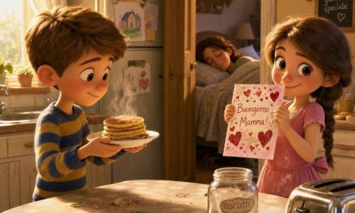 Ci sono tre personaggi: Leo, ragazzo di 8 anni dai capelli castano chiaro corti, con maglione rigato blu e giallo, a sinistra della tavola con un piatto di pancake fumanti; Giulia, bambina di 8 anni con capelli castani lunghi in treccia, vestito rosa con macchie di farina, a destra della tavola che mostra con fierezza una cartolina fatta a mano decorata con cuori e paillettes; la mamma, donna di circa 35 anni con capelli sciolti, dorme nella stanza sullo sfondo con la coperta fino al mento e un sorriso assonnato; ambientazione in una piccola cucina luminosa dall'atmosfera mattutina, tavolo in legno chiaro con tovaglia a pois e finestra che lascia entrare una luce dorata; situazione: i due bambini preparano di nascosto una sorpresa per la mamma, con gesti teneri e birichini, briciole e paillettes sparse.