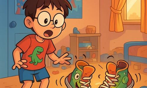 Een 10-jarige jongen, Max, met rommelig bruin haar en ronde bril, kijkt verrast en verwonderd. Hij draagt een rood t-shirt met een dinosaurus en een blauwe korte broek, terwijl hij voor een open kastdeur staat met grote ogen. Naast hem dansen zijn oude, versleten sportschoenen in felle kleuren vrolijk met glimlachstickers aan de zijkanten. De plek is een rommelige kinderkamer, met superheldenposters aan de muren, speelgoed verspreid over de vloer en een zonnestraal die door de kleurrijke gordijnen valt. Max, verrast maar geamuseerd, ontdekt dat zijn schoenen kunnen praten en dansen, terwijl een magische envelop op de vloer schittert en een ongelooflijk avontuur belooft.