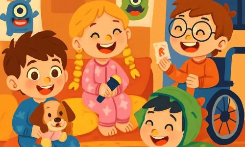 Hay 4 niños: - Diego: un niño de 8 años, con el pelo castaño desordenado y ojos brillantes. Lleva un pijama azul con dibujos de cohetes y sostiene un peluche de perro llamado Manchitas en sus brazos. - Lucía: una niña de 8 años, con largas trenzas rubias y una sonrisa radiante. Lleva un pijama rosa con unicornios y está sentada en un cojín en forma de estrella, sosteniendo una pequeña linterna. - Mateo: un niño de 8 años, con pelo negro y un sombrero de dinosaurio. Lleva un pijama verde con dibujos de dinosaurios y está acostado sobre el vientre, dibujando en un cuaderno. - Álvaro: un niño de 8 años, con gafas redondas y cabello castaño. Está en una silla de ruedas decorada con pegatinas de superhéroes, sonriendo alegremente mientras sostiene una carta de juego. El lugar es una sala acogedora, llena de cojines coloridos y luces centelleantes. Cadenas de luces están colgadas en las paredes, y una gran alfombra suave está extendida en el suelo. En una esquina, una gran ventana deja pasar la luz de la luna, creando un ambiente mágico. La situación principal muestra a los niños reunidos alrededor de un gran círculo de cojines, compartiendo sus miedos mientras ríen. Todos parecen felices y relajados, listos para enfrentar juntos a sus monstruos imaginarios, con dibujos de monstruos graciosos colgados en la pared detrás de ellos.