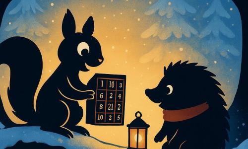 Ein kleines weißes Eichhörnchen namens Flauschi, mit vor Freude funkelnden Augen, sitzt auf einer großen, mit Schnee bedeckten Wurzel und öffnet einen kleinen Adventskalender aus goldenem Holz. Neben ihm steht ein kleiner Igel namens Pieks, der einen niedlichen roten Schal trägt und mit Begeisterung den Inhalt des Kalenders betrachtet. Im Hintergrund beobachtet eine Gruppe neugieriger Mäuse mit runden, glänzenden Augen die Szene vom Eingang ihres verschneiten Baus aus. Der Wald ist eine märchenhafte Winterlandschaft mit schneebedeckten Bäumen und gefrorenen Girlanden, die an den Ästen hängen. Die Hauptszene zeigt Flauschi und seine Freunde, die zusammen eine kleine goldene Laterne entdecken, die die Szene mit einem sanften, warmen Licht erhellt und den Geist des Teilens und der Weihnacht symbolisiert.