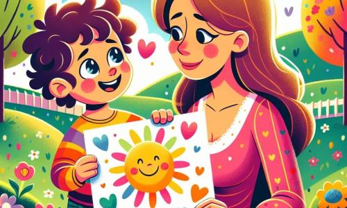 Un bambino di 3 anni, Leo, con capelli ricci e occhi scintillanti di gioia, tiene un grande cartellone colorato con un disegno di sole e cuori. Sorride ampiamente, traboccante di eccitazione e amore per sua mamma. Accanto a lui, sua madre, Anna, una donna dolce di circa 30 anni con capelli castani e un sorriso caloroso, si china verso di lui con lacrime di felicità negli occhi, ammirando il regalo che le offre suo figlio. Sono in un parco soleggiato, con erba verde brillante, alberi fioriti e un cielo blu punteggiato di nuvole bianche. Fiori colorati circondano Leo e Anna, aggiungendo un tocco di magia alla scena. Leo presenta orgogliosamente il suo cartellone a sua madre, mentre condividono un momento tenero e gioioso, celebrando insieme la festa della mamma.