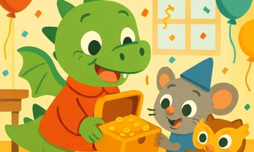 Un piccolo drago verde di nome Didi, con ali morbide e occhi scintillanti di gioia, indossa un mantello rosso e sorride ampiamente tenendo una scatola dorata piena di tesori. Accanto a lui, un piccolo topolino di nome Mimi, con un cappello blu e un'espressione meravigliata, guarda la scatola con occhi brillanti. Un gufo di nome Lalla, con ali dorate e una maschera scintillante, sorride mentre si tiene vicino a Didi, condividendo l'emozione del momento. La scena si svolge in un'aula decorata per il carnevale, piena di palloncini colorati, ghirlande scintillanti e coriandoli che fluttuano nell'aria. Al centro dell'immagine, Didi, Mimi e Lalla scoprono insieme il tesoro del carnevale, circondati da un'atmosfera festosa e gioiosa, piena di risate e amicizia.