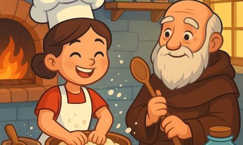 O tânără bucătăreasă, Ana, stă într-o bucătărie caldă, cu un zâmbet mare pe față. Poartă un șorț alb frumos și o bonetă de bucătar, iar părul ei brun este prins într-un coc. Este plină de bucurie în timp ce frământă un aluat de pâine într-un bol mare din lemn. Lângă ea, un călugăr în vârstă, fratele Damian, de aproximativ 70 de ani, o observă cu un zâmbet binevoitor. Are o barbă lungă albă și poartă o robă de călugăr maro. Ține o lingură mare din lemn și îi oferă sfaturi Anei despre cum să pregătească aluatul. Bucătăria este spațioasă, cu pereți din piatră gri și rafturi din lemn pline cu borcane de condimente colorate. Un cuptor mare din cărămidă emite o căldură blândă, iar o lumină aurie pătrunde printr-o fereastră, iluminând scena. Ana și fratele Damian pregătesc împreună pâine, înconjurați de făină care zboară în aer, creând o atmosferă veselă și prietenoasă. Ingredientele sunt împrăștiate pe masă, iar mirosul de pâine caldă începe să se răspândească în încăpere.