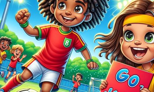 An 8-year-old boy, Jamal, with curly hair, is wearing a red soccer jersey. His face shows determination and joy as he dribbles a soccer ball on the field. Next to him is his best friend Zoe, an 8-year-old girl with long, smooth hair, wearing a yellow t-shirt and holding a colorful sign that says 