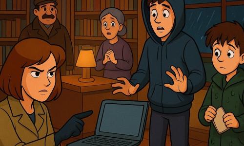 O detectivă (Mara) auzită și calmă, păr castaniu bob, vestă kaki și mănuși subțiri, ținând un laptop deschis și arătând spre ecran; un adolescent (Rareș, ~17 ani) în glugă, încălțări murdare cu semilună, surprins și vinovat, pas înapoi lângă o masă; un băiat timid (Radu, ~12 ani) cu păr ciufulit, palton ud, lângă fereastră ținând un carnet; bibliotecara (Doamna Pătrău) cu păr gri la coc, îngrijorată dar ușurată, mâinile împreunate; un portar moustacios (Nea Ghiță, ~60 ani) în ușă; încăpere de bibliotecă nocturnă, rafturi din lemn închis, fereastră aburită cu ploaie, birou cu PC și cablu USB, mic router cu antene pe masă și o urmă de noroi în formă de semilună pe parchet; situație: confruntare clară și tensionată — detectiva acuză tânărul, lumină caldă a lampilor, atmosferă dramatică dar potrivită copiilor.