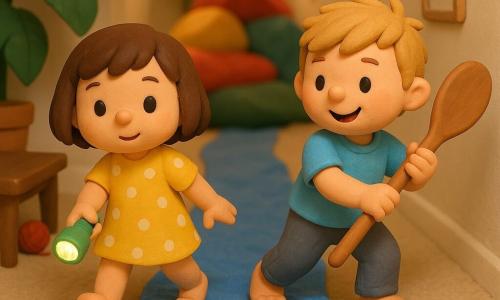 Hay dos niños: una niña de 3 años, Luna: pelo castaño corto estilo bob, ojos negros, vestido amarillo con lunares blancos, sostiene una pequeña linterna verde en la mano derecha, a la izquierda iluminando el suelo hacia delante; un niño de 3 años, Nico: pelo rubio, mejillas sonrosadas, camiseta azul cielo y pantalón gris, sostiene una gran cuchara de madera como remo, a la derecha remando hacia la izquierda, ligeramente delante de Luna. Lugar: un pasillo de casa convertido en jungla imaginaria: alfombra beige cubierta por una gran toalla azul como “río”, una fila de cojines coloridos apilados como “montaña” al fondo, mesa baja marrón con una pelota roja rodando debajo, paredes crema con marcos simples y luz cálida. Situación: los dos cruzan el “río” dando un gran paso lateral; Luna proyecta un haz de luz sobre la alfombra; Nico finge remar, concentrado y sonriente; ambiente lúdico, colores vivos, texturas lisas y brillantes, expresiones de alegría y curiosidad.