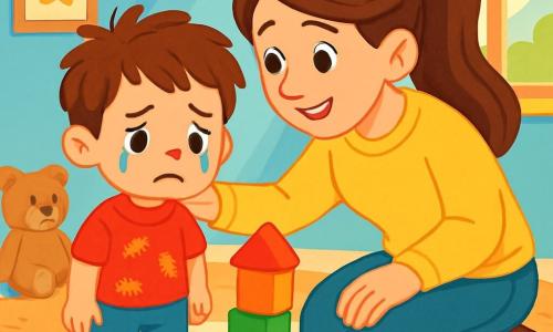 Un niño de 2 años, con cabello castaño desordenado y grandes ojos redondos, mira tristemente su torre de bloques que acaba de caerse. Lleva una camiseta roja con pequeños dinosaurios y un pantalón azul. Sus mejillas están ligeramente húmedas de lágrimas y tiene una expresión de decepción en el rostro. A su lado, su mamá, una mujer de unos 30 años con cabello largo y castaño atado en una coleta, se agacha suavemente a su altura con una sonrisa reconfortante, lista para ayudarlo a reconstruir la torre. Ella lleva un suave suéter amarillo y jeans. La escena transcurre en una habitación luminosa, con paredes pintadas de azul claro y juguetes esparcidos sobre una alfombra suave. Un rayo de sol entra por la ventana, iluminando la habitación y creando una atmósfera cálida. El niño, con una expresión de tristeza en el rostro, intenta reconstruir su torre de bloques de colores, mientras su mamá lo anima con ternura, ofreciéndole apoyo reconfortante en este momento difícil.