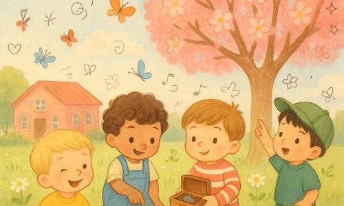 Vier jongens van 3 jaar: links blond kort haar met een klein boeketje gele bloemen en glimlachend naar de anderen; centrum-links bruin krullend haar in een blauwe tuinbroek die een groen sprietje in de aarde toont; centrum-rechts kastanjebruin haar in een rood-wit gestreepte trui die een open muziekdoos vasthoudt; rechts zwart steil haar met een groene pet die naar een bloeiende boom wijst. Locatie: zonnige lenteweide bij een klein roze bakstenen schooltje, groene grasmat met witte en gele madeliefjes, grote roze appelboom op de achtergrond, lichtblauwe lucht met zachte wolkjes en kleurrijke vlinders. Situatie: de vier kinderen ontdekken de natuur, zingen, lachen en vinden scheuten en bloemen; vrolijke scène met zachte late namiddagzon, compositie rond de appelboom en de kring van kinderen. Visuele stijl: jeugdig illustratiebeeld met zachte afgeronde lijnen, verzadigde pasteltinten, lichte aquareltexturen en doodle-overlay (hartjes, muzieksnootjes, schetsbloemen).