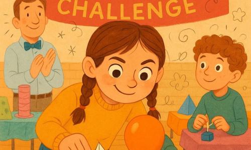 A 10-year-old girl with chestnut hair in two braids, large mischievous eyes and a determined smile, wearing a mustard-yellow sweater and jeans, delicately holds a paper boat at the edge of a spaghetti tray; a male judge (~40) with a crooked blue bow tie smiles and claps from the left background; a curly-haired 9-year-old boy at right readies a mini-servo on the table, looking at the girl with admiration. The bright school gym has a wooden floor, tables of colorful projects, a red velvet banner reading THE IMPOSSIBLE CHALLENGE and paper bunting. At center sits a large tray-island with a fragile maze of cooked spaghetti glued to the tray, an orange balloon in the heart of the maze, and the paper boat with a straw tied by an elastic gently grazing the balloon. The scene is warm and clear, saturated pastel colors, visible textures (shiny noodles, crumpled paper, polished wood), soft expressions, precise gestures, dynamic composition with a medium close zoom.