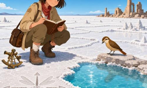 A young female explorer (about 12–14) with short brown hair, a red scarf and beige canvas jacket crouches by a small vivid blue oasis on a vast white salt plain—her face determined with a slight smile, a leather notebook in her hands and a sextant beside her, right ankle bandaged; a small brown-yellow bird perches on a nearby stone to her right, fossilized dragonfly wings are engraved in the salt as a directional motif, low ochre ruins and sculpted salt ridges lie in the distance under a wide clear sky with pale stars near the horizon, bright sunlight creating sharp reflections and a mood of calm wonder and discovery.