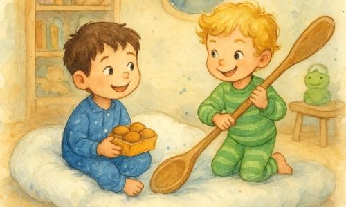 Sunt doi băieți de 4 ani: Matei, păr brun scurt, ochi veseli, în pijama albastră cu steluțe, așezat pe o pernă-nor albă și pufoasă în stânga, ținând o cutiuță imaginară cu brioșe și privind spre dreapta; Andrei, păr blond ondulat, zâmbet ștrengăresc, în pijama în dungi verzi, în dreapta pe aceeași pernă-nor, ținând o lingură mare de lemn ca pe o vâslă. Camera e caldă, cu podea din lemn deschis, covor pastel, rafturi cu jucării și plușuri, o fereastră rotundă cu o stea strălucitoare, jucării risipite; atmosfera e blândă, în tonuri acuarelă calde (bej, albastru pal, verde), texturi pufoase și accente de stropi de culoare. Cei doi se joacă pe perna-nor care pare să plutească ușor deasupra covorului; Matei se joacă cu brioșele imaginare iar Andrei vâslește cu lingura, zâmbete largi și mișcări ușoare, accent pe complicitate și tandrețe înainte de culcare.