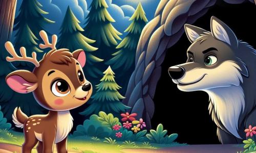 Un pequeño reno llamado Reni, con un pelaje suave y marrón y grandes ojos brillantes de curiosidad, se encuentra valientemente frente a una cueva oscura, su corazón latiendo de emoción y un poco de aprensión. A su lado, un gran lobo de pelaje gris y ojos traviesos, que parece intrigado y amistoso, observa a Reni con una sonrisa tímida. El escenario es una hermosa clara del bosque, rodeada de árboles majestuosos con hojas verdes brillantes, con flores coloridas que bailan al viento y un cielo azul salpicado de nubes blancas esponjosas. Reni, el reno, reúne valor para hablar con el lobo en su primer encuentro, donde propone hacerse amigos y jugar juntos, transformando así el miedo en amistad.