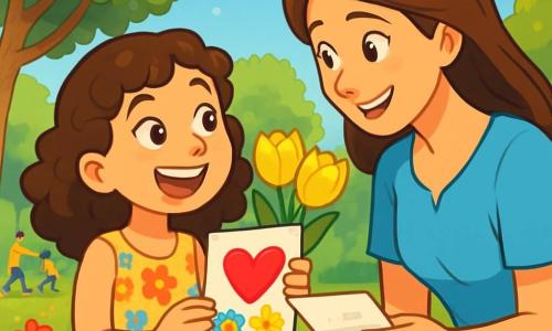 O fetiță de 10 ani, Ana, cu părul brun și creț, zâmbind fericit și având ochii strălucind de năzbâtii, ține un buchet de lalele galbene într-o mână și o scrisoare colorată în cealaltă. Poartă o rochie ușoară cu flori și se află într-un parc însorit, înconjurată de verdeață strălucitoare. Lângă ea, mama ei, o femeie de aproximativ 35 de ani, cu părul lung și castaniu, îmbrăcată într-o bluză bleu deschis, o privește cu tandrețe, având ochii strălucind de emoție. Este ușor aplecată înainte, pregătită să citească scrisoarea pe care fiica ei i-o întinde. Parcul este plin de flori colorate, copaci mari cu frunziș dens și un cer albastru deschis presărat cu câteva nori albi pufoși. Familii se distrează în fundal, adăugând o atmosferă festivă scenei. Ana își oferă cadoul mamei pentru ziua mamei, având un aer de mândrie și excitație pe față, în timp ce mama, emoționată, zâmbește și se pregătește să citească scrisoarea plină de dragoste.